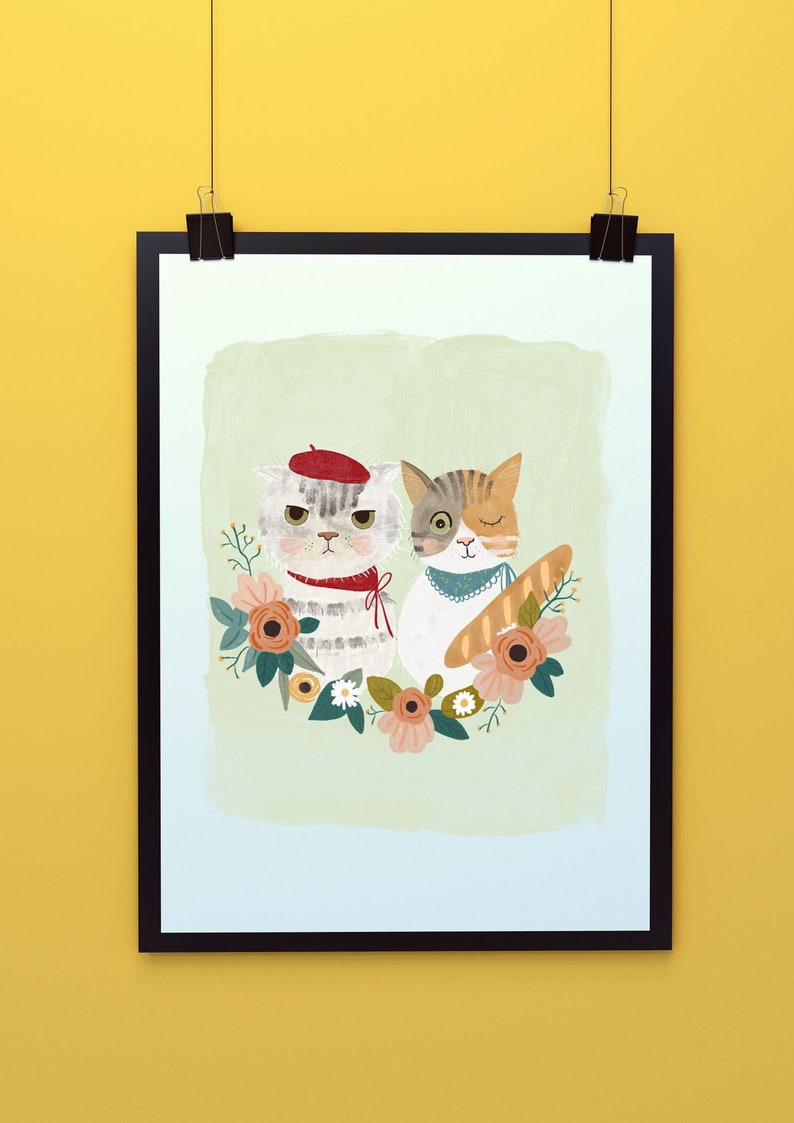 Customized Cat Illustration, Family illustration with pet, Couple portrait, Illustration for wedding invitation, Cute cat and dog portrait image 2