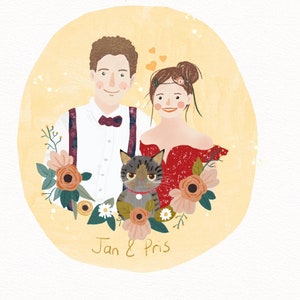 Couple Illustration, Family illustration with pet, Customized portrait, Illustration for wedding invitation, Cute cat and dog portrait image 2