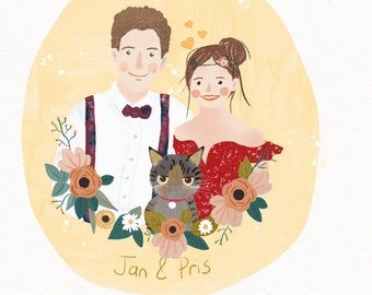 Couple Illustration, Personalized Family illustration with pet, Customized cute portrait, Watercolor wedding invitation  with cat and dog