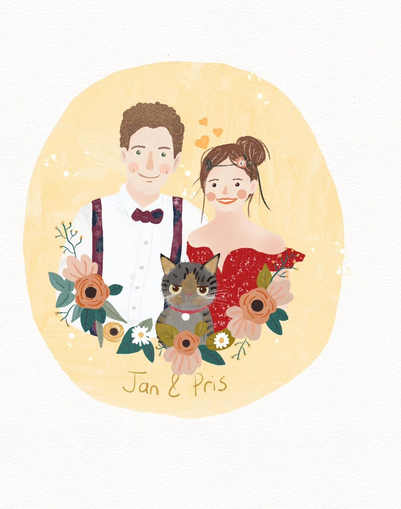 Couple Illustration, Family illustration with pet, Customized portrait, Illustration for wedding invitation, Cute cat and dog portrait image 2