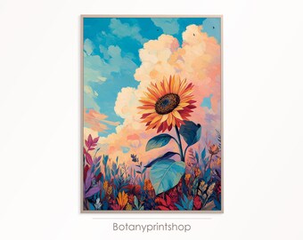 Colorful Sunflower Digital Download, Colorful Floral Wall Print, Vintage Boho Botanical Art, Instant Printable Poster