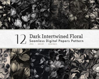 Dark Moody Floral Digital Paper: Seamless Botanical Patterns (12" x 12")