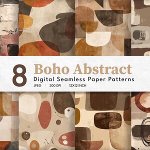 May include: Set of 8 digital seamless paper patterns featuring abstract geometric shapes in warm brown, orange, and beige tones. The patterns are 12x12 inches and 300 DPI.