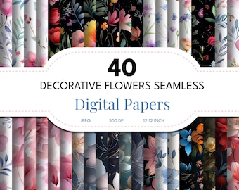 May include: A set of 40 digital papers featuring seamless patterns of decorative flowers in various colours and styles. The papers are 12x12 inches and 300 DPI.