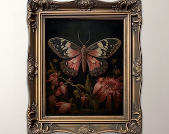Impression de portrait de peinture à l'huile de fleur de papillon foncé | vintage Dark Moody Academia | Art mural floral | Illustrations téléchargeables instantanément, prêtes à être imprimées