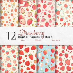 Papier numérique mignon sur le thème des fraises | Modèles sans couture | Papier de fond pastel | Sans publicité | Téléchargement instantané | Scrapbook DIY