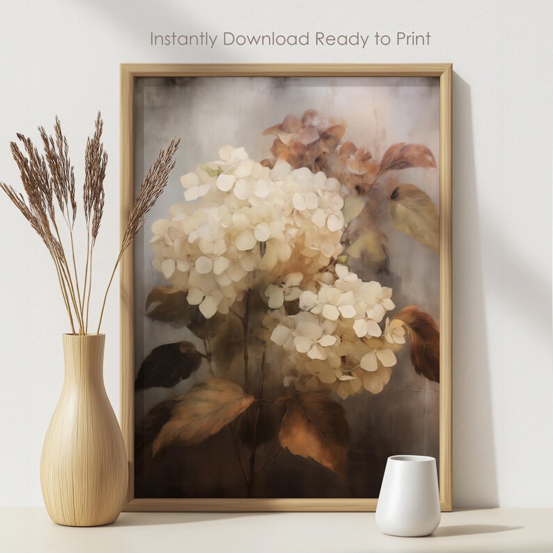 Vintage Hydrangea Oil Painting: Farmhouse Floral Wall Art (digital ...