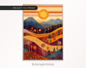 Boho Mountain Sunset Art Print: Earth Tones Wildflower Landscape (Digital Download)