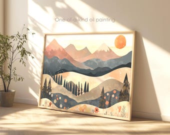 Boho Mountain Sunset Art Print: Earth Tones Wildflower Landscape (Digital Download)