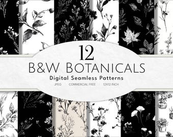 Black & White Botanical Digital Paper | Seamless Patterns | Floral Background Paper | Contrast | Instant Download (Commercial Free)