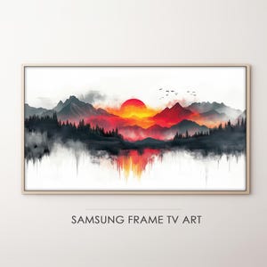 Samsung Frame TV Art | Red Sunset Mountain Landscape Nature Adventure | Abstract Mix Media Artwork TV Wall Decor | Instant Digital Download