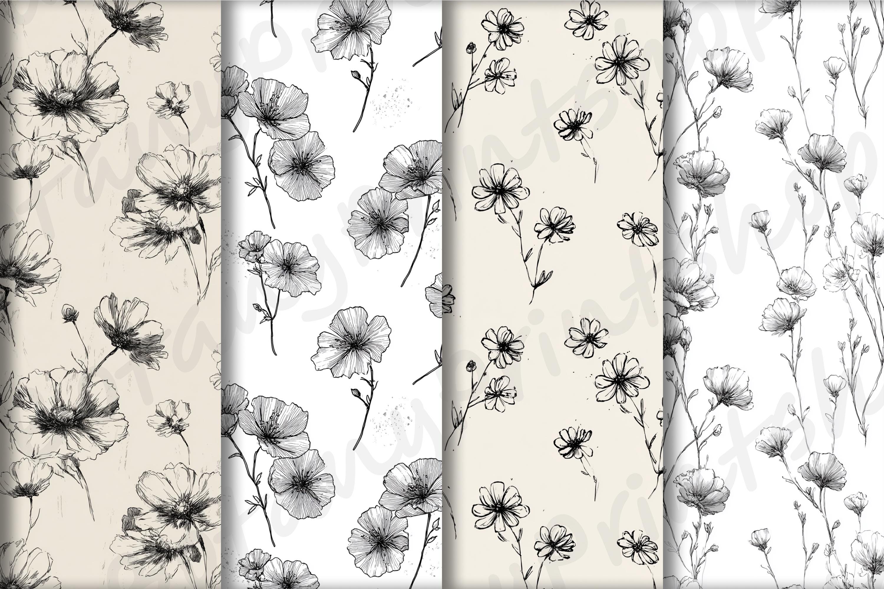 Black & White Flowers Digital Paper | Seamless Patterns | Floral ...