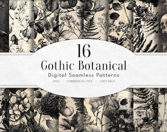 Gothic Botanical Floral Digital Paper: Seamless Moody Botanical Patterns (Instant Download, 12x12in JPEG, Commercial Use)