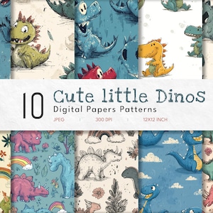 May include: A collection of ten digital paper patterns featuring cute cartoon dinosaurs in various colors and poses. The patterns include dinosaurs on blue, beige, and patterned backgrounds. The text "Cute little Dinos" is displayed above the patterns.