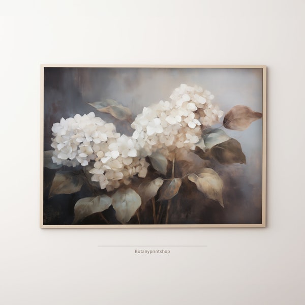 Hydrangea Flowers Oil Painting Print, Warm Artful Vintage Moody Floral Wall Art Decor, Instant Digital Downloadable, Gifts for them