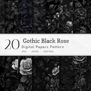 Pode incluir: Um conjunto de 20 padrões de papel digital com rosas pretas sobre um fundo preto. O texto "Gothic Black Rose Digital Papers Pattern" é exibido em uma faixa branca.
