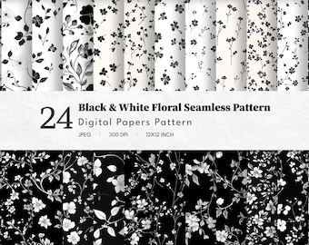 Black & White Flowers Digital Paper | Seamless Patterns | Floral Background Paper | Contrast | Instant Download | Scrapbook