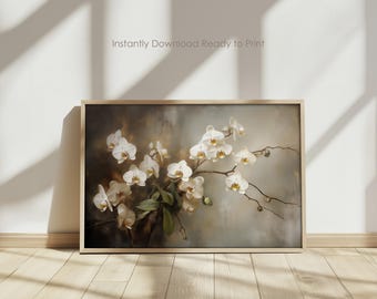 May include: A framed print of a painting featuring a white orchid flower with a soft, muted background. The painting is in a light brown frame.