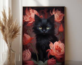Black Cat Flower Oil Painting Art Print: Gothic Academia Wall Decor (Digital Download)