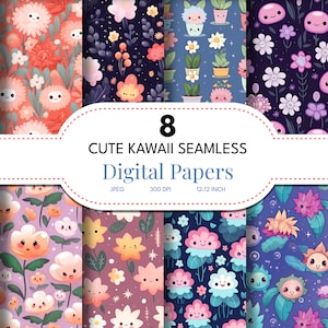 Papel digital con lindas flores kawaii / Patrones digitales sin costuras / Lindas impresiones florales coloridas / Descarga instantánea / Álbum de recortes