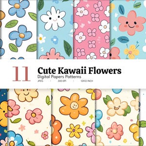Cute Kawaii Flowers Digital Paper | Seamless Digital Patterns | Cute Colorful Floral Prints | Instant Download | Scrapbook