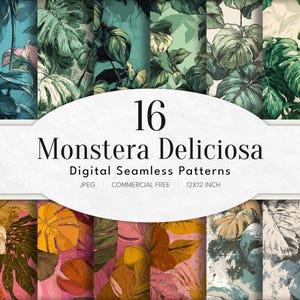 May include: A selection of 16 digital seamless patterns showcasing Monstera Deliciosa leaves in diverse colours. The patterns are arranged in a grid, displaying shades of green, pink, and yellow. The text "12x12 inch" is visible.
