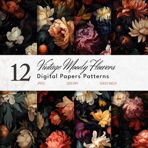 Donker humeurig bloemen digitaal papier | Naadloze patronen | Dark Academia Moody Botanicals | Commercieel gratis | Plakboek DYI | Direct downloaden