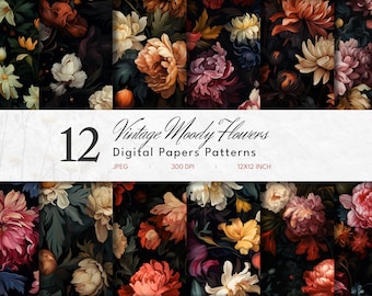 Dark Moody Floral Digital Paper: Seamless Botanical Patterns (Instant Download)