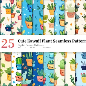 Cute Kawaii Plants Digital Paper | Seamless Digital Patterns | Cute Colorful Floral Prints | Instant Download | Scrapbook