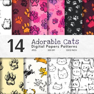 Può includere: Una collezione di 14 modelli di carta digitale con gatti e impronte di zampe. I modelli presentano illustrazioni di gatti e impronte di zampe in colori come rosa, nero e arancione. Il testo recita "Adorable Cats Digital Papers Patterns 12x12 inch".