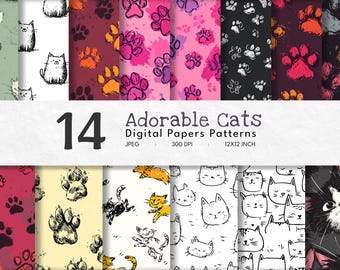 Papel digital de gato lindo / Patrones digitales sin costuras de patas / Fondos felinos lindos / Descarga instantánea / Álbum de recortes DIY / Diseño sin publicidad