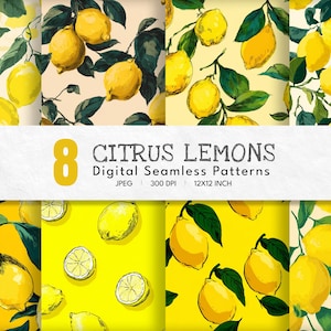 Può includere: Otto motivi digitali senza cuciture con illustrazioni di limoni e foglie. I motivi includono limoni su rami e limoni a fette, con una tavolozza di colori giallo, verde e crema. Il testo "8 Citrus Lemons Digital Seamless Patterns" è visualizzato.