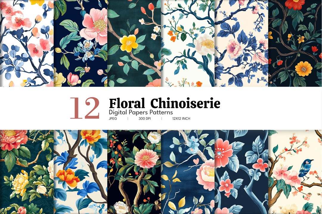 Floral Chinoiserie Digital Paper: Seamless Vintage Patterns (digital ...