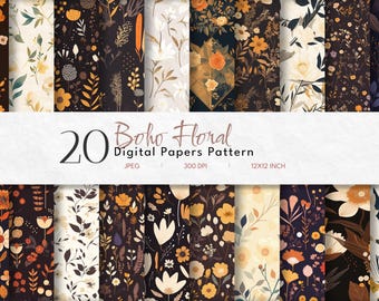 Puede incluir: 20 patrones de papel digital con un diseño floral boho en varios colores, incluyendo amarillo, naranja, blanco y marrón. Los patrones son de 12x12 pulgadas y 300 DPI.