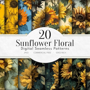 Könnte beinhalten: Eine Sammlung von 20 digitalen, nahtlosen floralen Mustern mit Sonnenblumen. Die Muster zeigen verschiedene künstlerische Darstellungen von Sonnenblumen in Gelb-, Orange- und Grüntönen. Das Bild enthält den Text "20 Sunflower Floral Digital Seamless Patterns". Jedes Muster ist 30,48 x 30,48 cm groß.