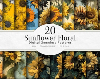 Fundos com estampa floral de girassol sem emendas (uso comercial, download instantâneo, 30,5 x 30,5 cm) para scrapbook digital | Download instantâneo