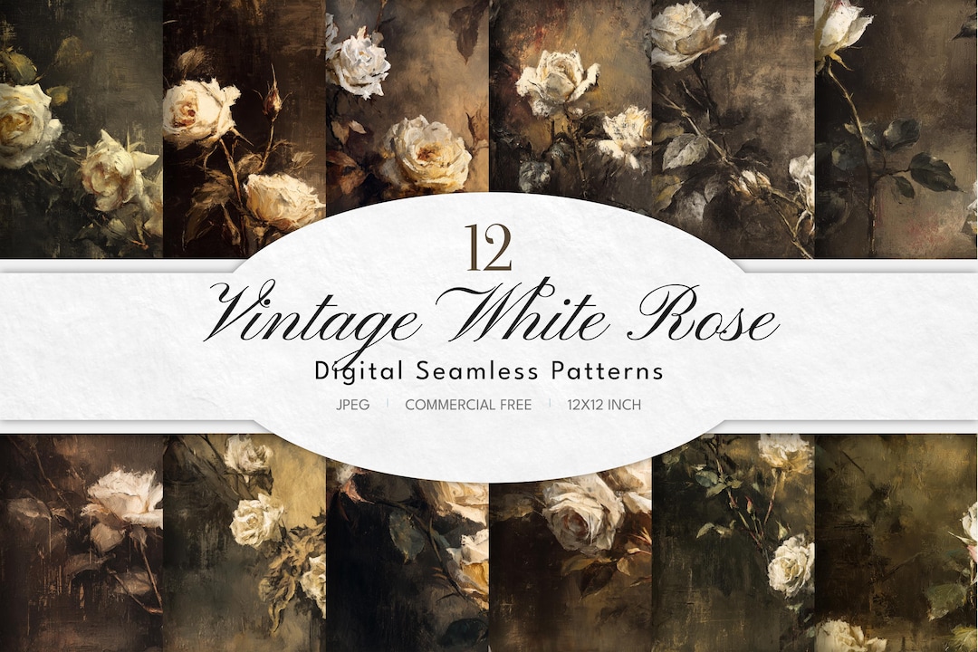 Vintage White Rose Digital Paper | Antique Floral Seamless Patterns ...