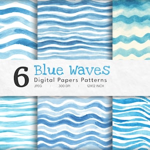 Op de afbeelding: Zes digitale papierpatronen met aquarel blauwe golfontwerpen. De patronen variëren in golfstijl en kleurintensiteit, variërend van lichte tot diepblauwe tinten. De afbeelding bevat de tekst "6 Blue Waves Digital Papers Patterns" en afmetingen van 30,48 x 30,48 cm.