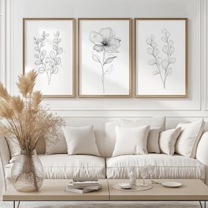 Set Of 3 Prints Flower Line Art Prints | Minimalist Modern | Living Room Home Decor | Printable Art | Instant Download