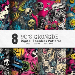 Op de afbeelding: Digitale naadloze patronen met een grunge-thema uit de jaren 90. De afbeelding toont acht patronen met schedels, gitaren en cassettes in heldere kleuren. De tekst op de afbeelding luidt "8 90's GRUNGDE Digital Seamless Patterns", met afmetingen van 12x12 inch.