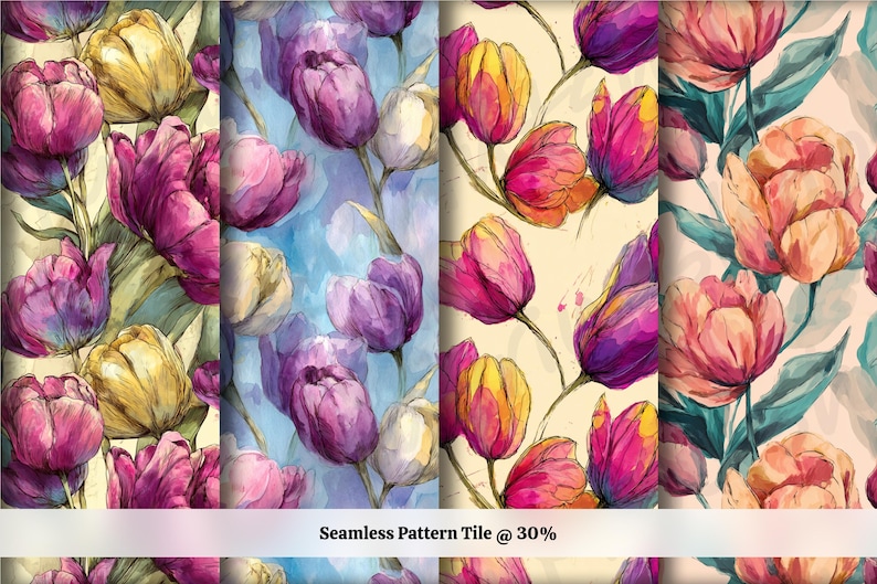 Watercolor Tulip Seamless Pattern - 12 Pastel Floral Digital Papers ...