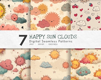 Happy Sun & Clouds Digital Paper: Seamless Kids Patterns (12"x12" JPEG Download)