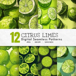 Può includere: Motivi digitali senza cuciture con illustrazioni di lime, intere e a fette, in varie disposizioni. L'immagine include il testo "12 Citrus Limes Digital Seamless Patterns" e le dimensioni 30,48 x 30,48 cm.