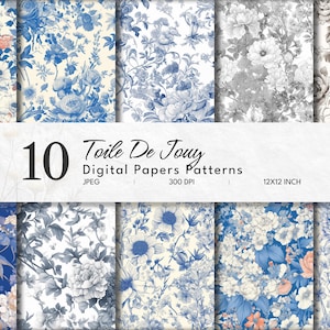 Vintage Blue Toiles de Jouy Seamless Patterns Floral Digital Paper |  Botanical flowers Background | French Toile Floral | Instant Download