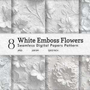 Flowers Digital Paper | Commercial Use | Emboss White Flower Backgrounds | Printable Paper Set | Scrapbooking Paper | Crafts | Diy