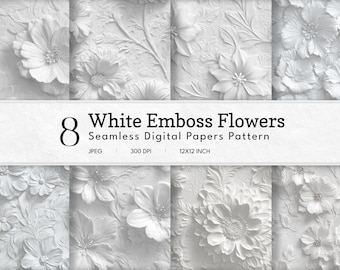 White Flower Digital Paper: Embossed Floral Backgrounds (12x12in JPEG, Commercial Use)