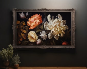 White Peonies TV Frame Art: Dark Floral Oil Painting (Digital Download)