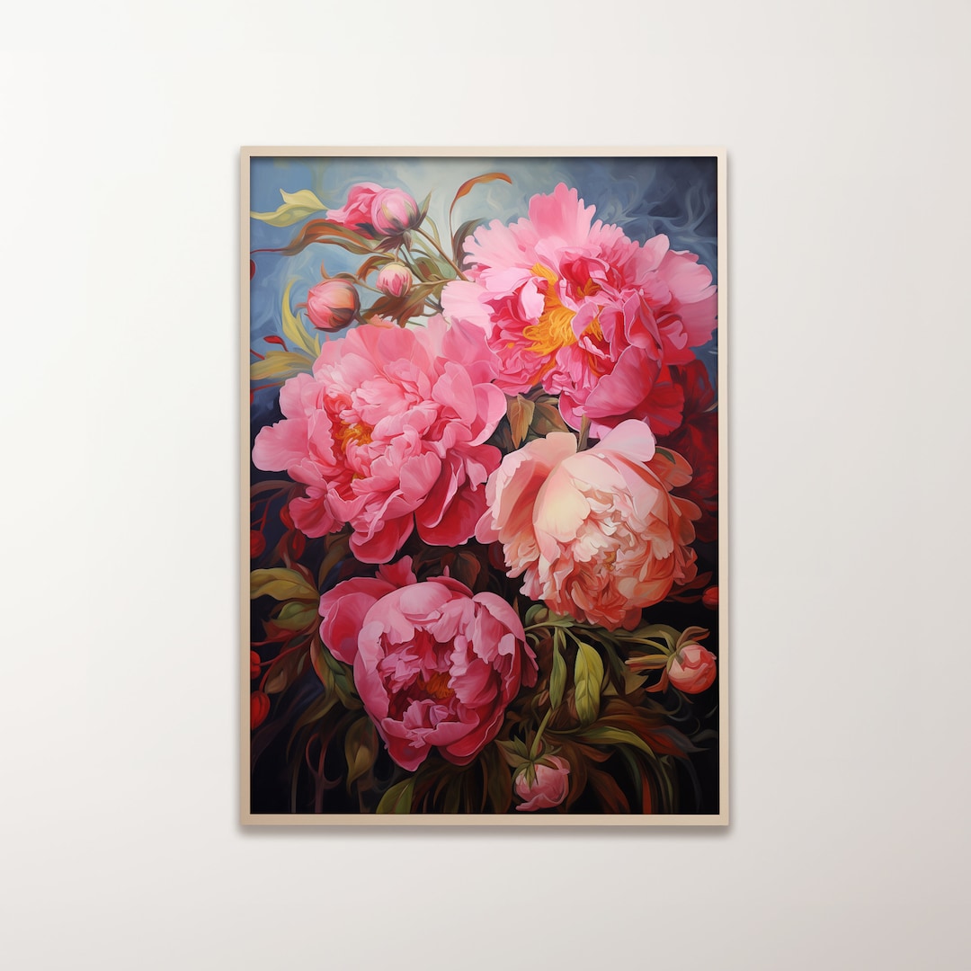 Pink Peony Flowers Oil Painting | Floral Wall Art Decor | Moody Dark ...