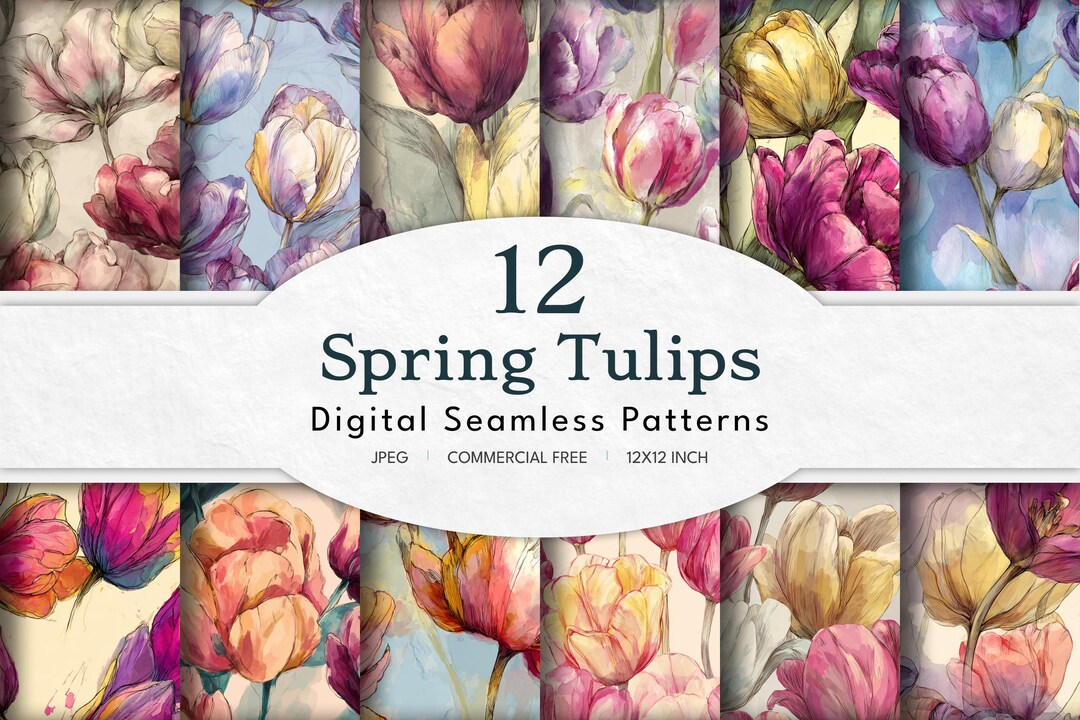 Watercolor Tulip Seamless Pattern - 12 Pastel Floral Digital Papers ...