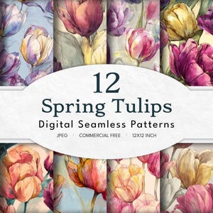 Puede incluir: Un conjunto de 12 patrones digitales sin costuras con ilustraciones de acuarela de tulipanes de primavera en tonos rosa, morado, amarillo y blanco. Los patrones miden 30,48 x 30,48 cm y son de uso comercial gratuito.